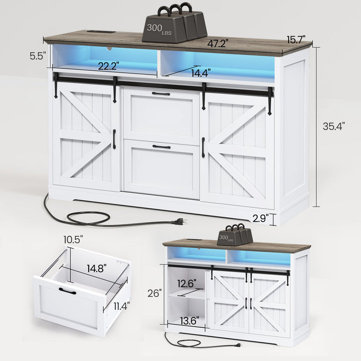 SEDETA 47.2 Inch File Cabinet 2 Drawers Farmhouse Filing Cabinets for A4 File with Barn Door Power Outlets Printer Stand LED Lights