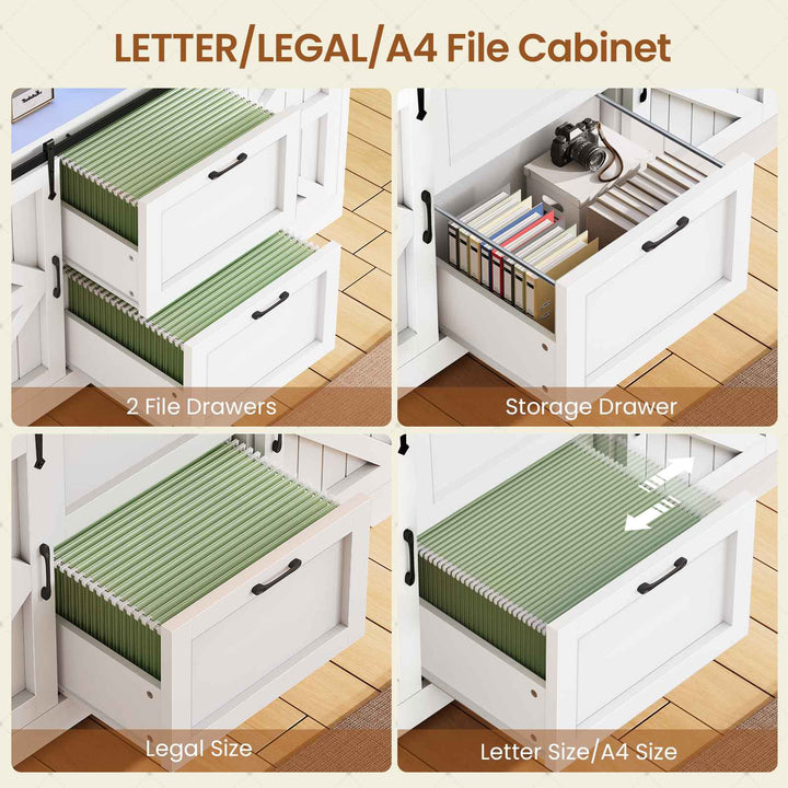 SEDETA 47.2 Inch File Cabinet 2 Drawers Farmhouse Filing Cabinets for A4 File with Barn Door Power Outlets Printer Stand LED Lights