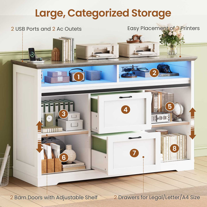 SEDETA 47.2 Inch File Cabinet 2 Drawers Farmhouse Filing Cabinets for A4 File with Barn Door Power Outlets Printer Stand LED Lights