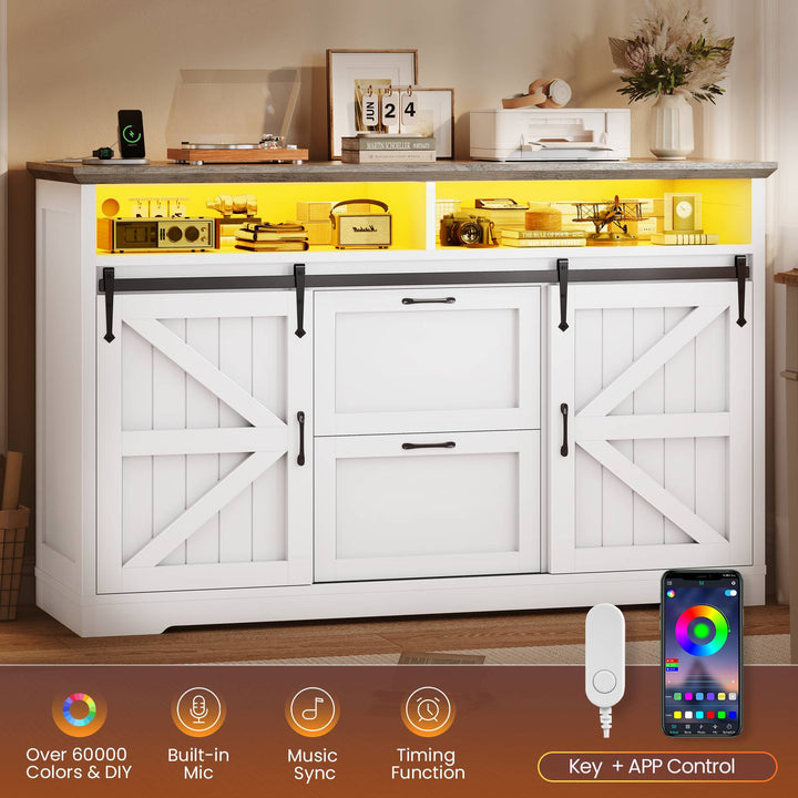 SEDETA 47.2 Inch File Cabinet 2 Drawers Farmhouse Filing Cabinets for A4 File with Barn Door Power Outlets Printer Stand LED Lights