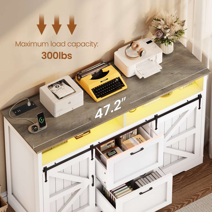 SEDETA 47.2 Inch File Cabinet 2 Drawers Farmhouse Filing Cabinets for A4 File with Barn Door Power Outlets Printer Stand LED Lights