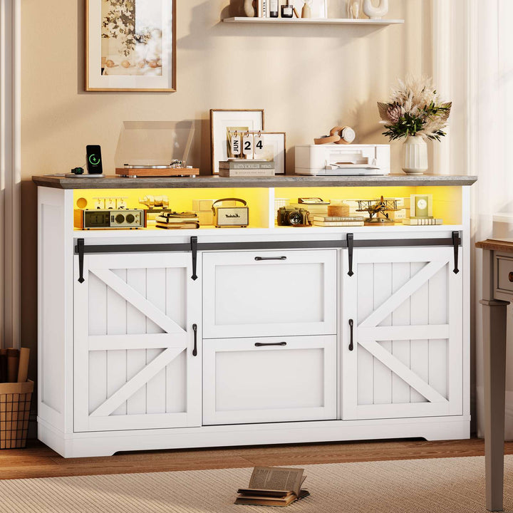 SEDETA 47.2 Inch File Cabinet 2 Drawers Farmhouse Filing Cabinets for A4 File with Barn Door Power Outlets Printer Stand LED Lights