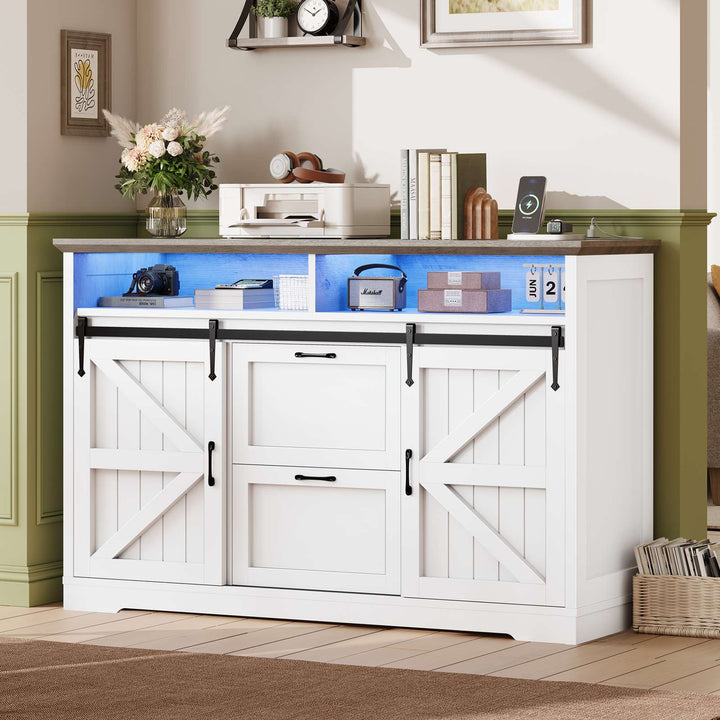 SEDETA 47.2 Inch File Cabinet 2 Drawers Farmhouse Filing Cabinets for A4 File with Barn Door Power Outlets Printer Stand LED Lights
