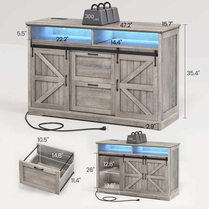 SEDETA 47.2 Inch File Cabinet 2 Drawers Farmhouse Filing Cabinets for A4 File with Barn Door Power Outlets Printer Stand LED Lights