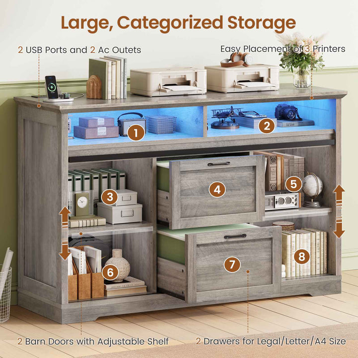 SEDETA 47.2 Inch File Cabinet 2 Drawers Farmhouse Filing Cabinets for A4 File with Barn Door Power Outlets Printer Stand LED Lights