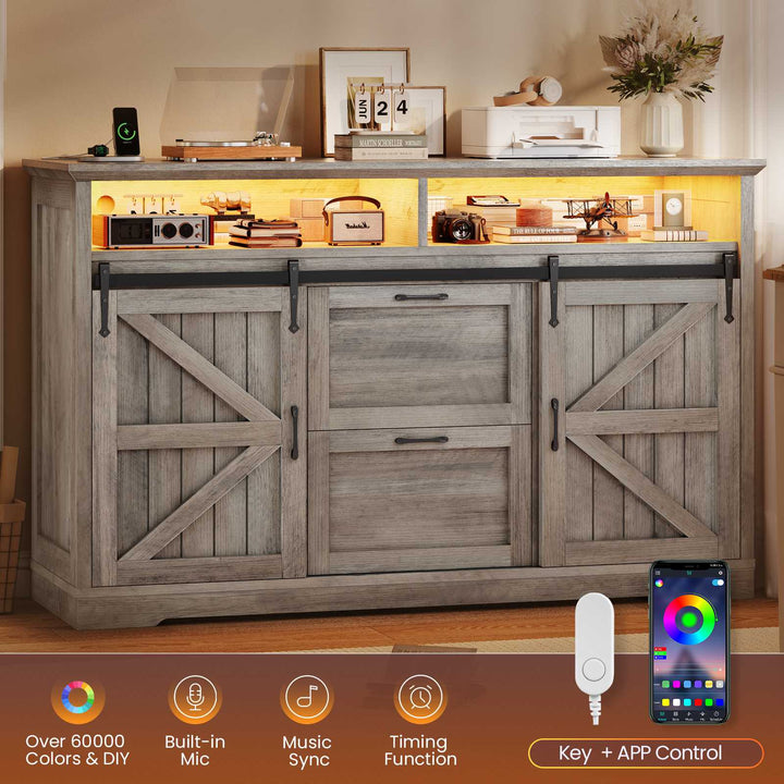 SEDETA 47.2 Inch File Cabinet 2 Drawers Farmhouse Filing Cabinets for A4 File with Barn Door Power Outlets Printer Stand LED Lights