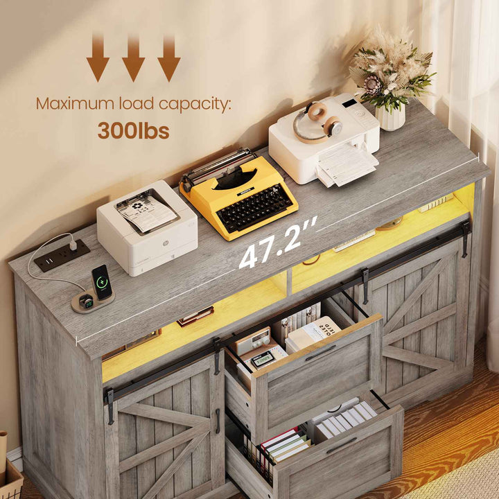 SEDETA 47.2 Inch File Cabinet 2 Drawers Farmhouse Filing Cabinets for A4 File with Barn Door Power Outlets Printer Stand LED Lights