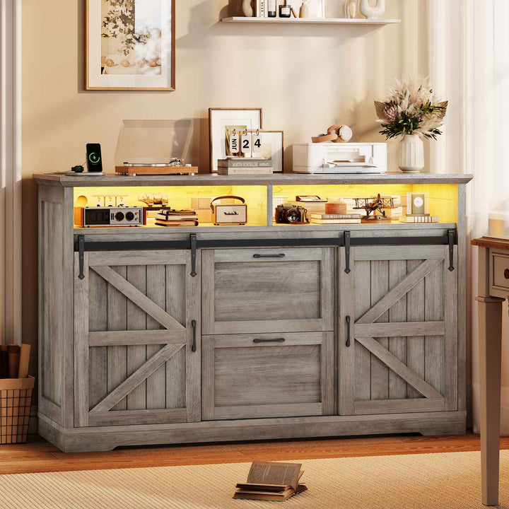 SEDETA 47.2 Inch File Cabinet 2 Drawers Farmhouse Filing Cabinets for A4 File with Barn Door Power Outlets Printer Stand LED Lights