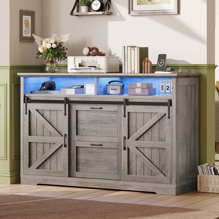 SEDETA 47.2 Inch File Cabinet 2 Drawers Farmhouse Filing Cabinets for A4 File with Barn Door Power Outlets Printer Stand LED Lights