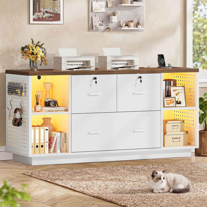 SEDETA® 55 Inch File Cabinet with Lock LED Light Filing Cabinets with 3 Drawers Lateral File Cabinet with Printer Stand Storage Power Strip Pegboard