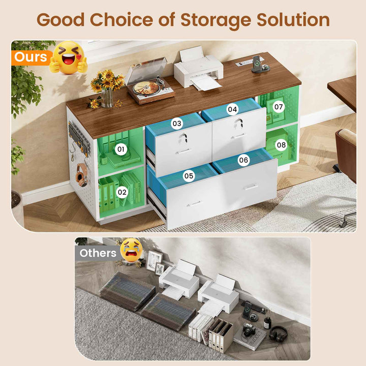 SEDETA® 55 Inch File Cabinet with Lock LED Light Filing Cabinets with 3 Drawers Lateral File Cabinet with Printer Stand Storage Power Strip Pegboard