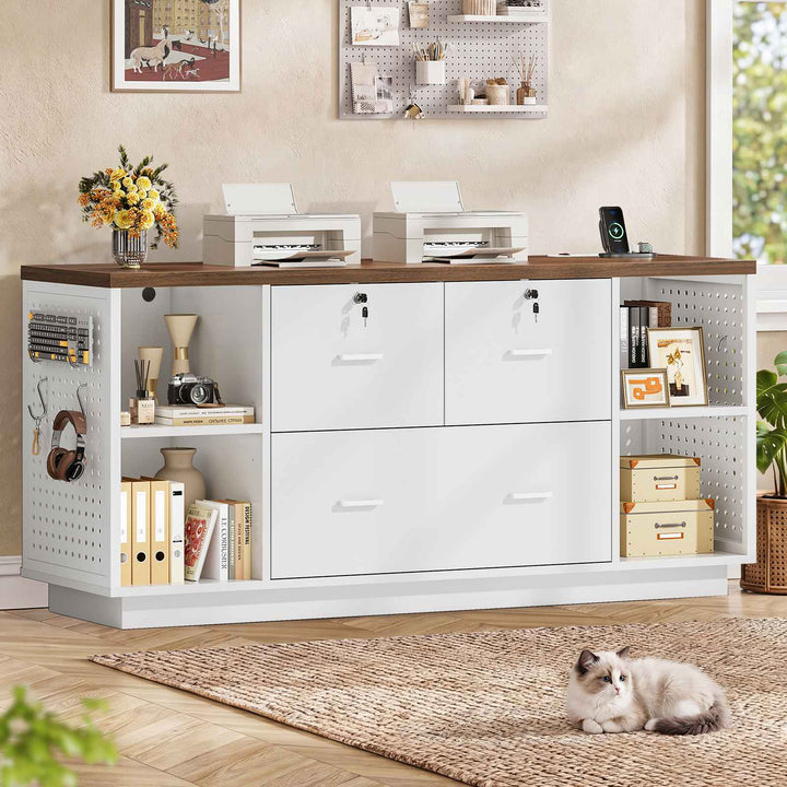 SEDETA® 55 Inch File Cabinet with Lock LED Light Filing Cabinets with 3 Drawers Lateral File Cabinet with Printer Stand Storage Power Strip Pegboard