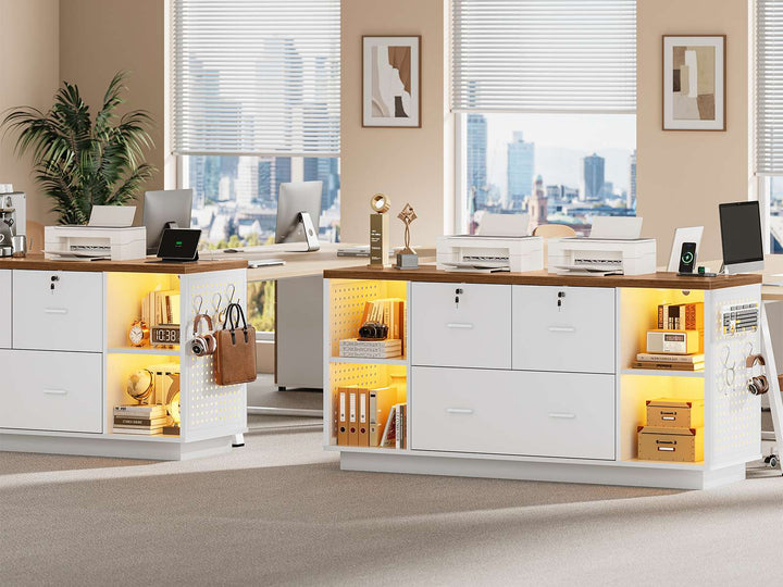SEDETA® 55 Inch File Cabinet with Lock LED Light Filing Cabinets with 3 Drawers Lateral File Cabinet with Printer Stand Storage Power Strip Pegboard