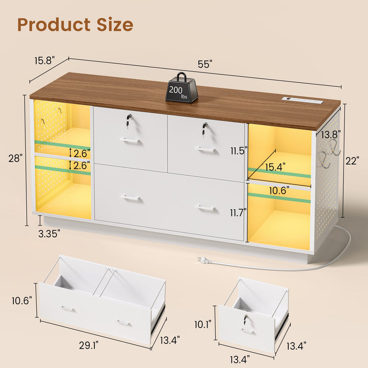 SEDETA® 55 Inch File Cabinet with Lock LED Light Filing Cabinets with 3 Drawers Lateral File Cabinet with Printer Stand Storage Power Strip Pegboard