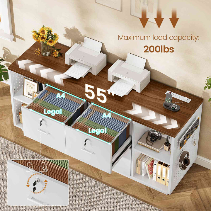 SEDETA® 55 Inch File Cabinet with Lock LED Light Filing Cabinets with 3 Drawers Lateral File Cabinet with Printer Stand Storage Power Strip Pegboard