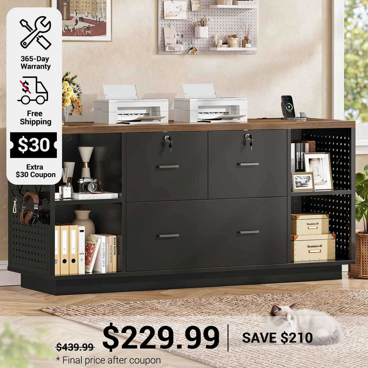 SEDETA 55 Inch File Cabinet with Lock Large 3 Drawers Filing Cabinets for Home Office Lockable Printer Stand with Storage Power Strip LED Light Pegboard