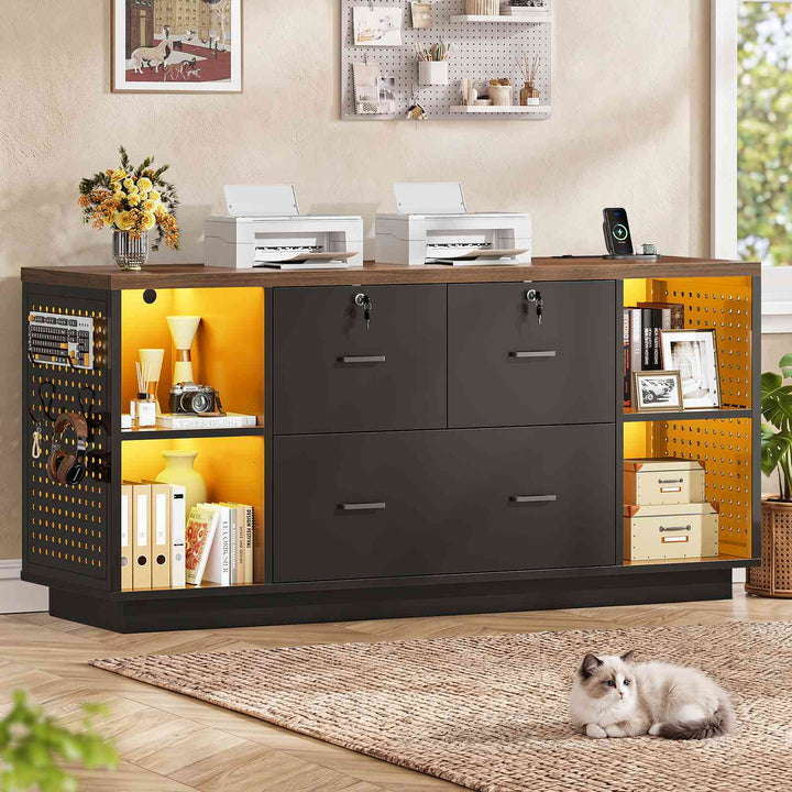 SEDETA® 55 Inch File Cabinet with Lock LED Light Filing Cabinets with 3 Drawers Lateral File Cabinet with Printer Stand Storage Power Strip Pegboard