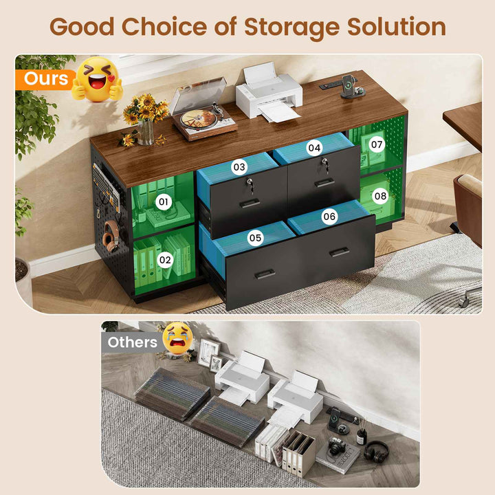 SEDETA® 55 Inch File Cabinet with Lock LED Light Filing Cabinets with 3 Drawers Lateral File Cabinet with Printer Stand Storage Power Strip Pegboard