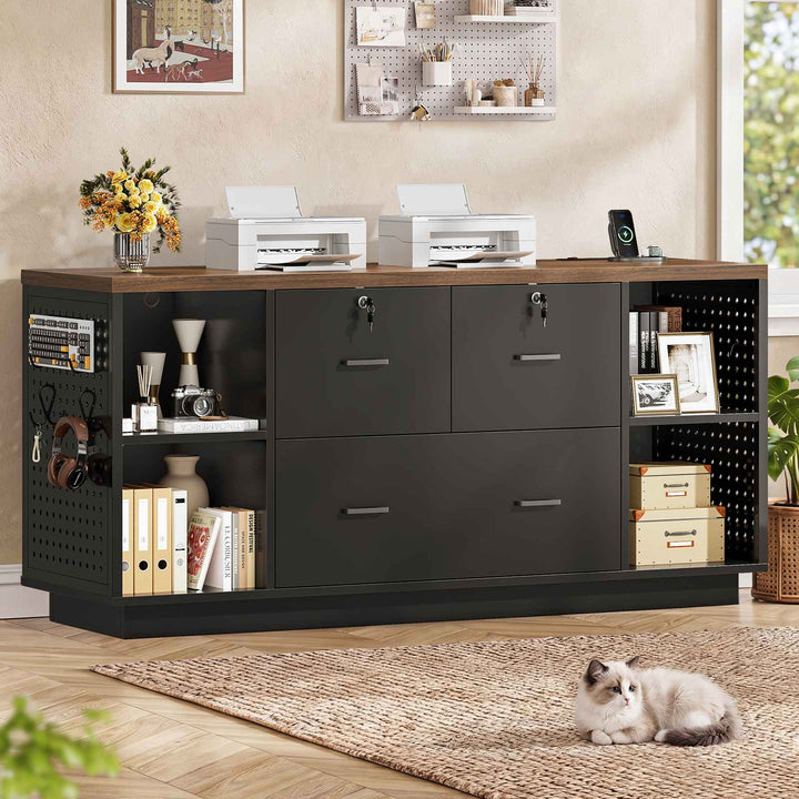 SEDETA® 55 Inch File Cabinet with Lock LED Light Filing Cabinets with 3 Drawers Lateral File Cabinet with Printer Stand Storage Power Strip Pegboard