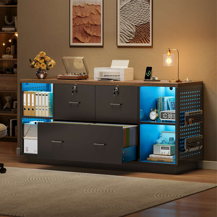 SEDETA® 55 Inch File Cabinet with Lock LED Light Filing Cabinets with 3 Drawers Lateral File Cabinet with Printer Stand Storage Power Strip Pegboard