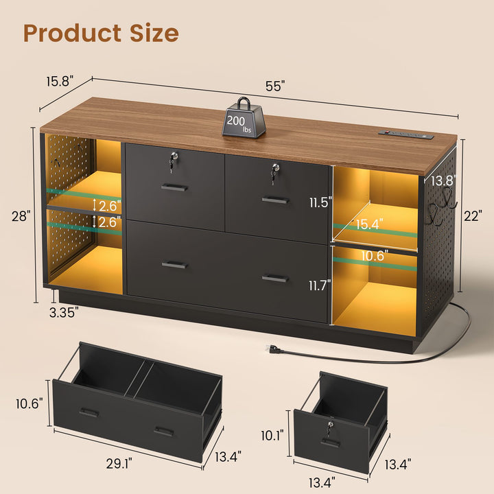 SEDETA® 55 Inch File Cabinet with Lock LED Light Filing Cabinets with 3 Drawers Lateral File Cabinet with Printer Stand Storage Power Strip Pegboard