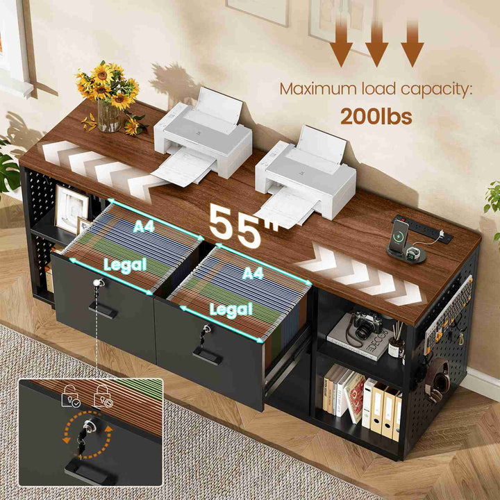 SEDETA® 55 Inch File Cabinet with Lock LED Light Filing Cabinets with 3 Drawers Lateral File Cabinet with Printer Stand Storage Power Strip Pegboard