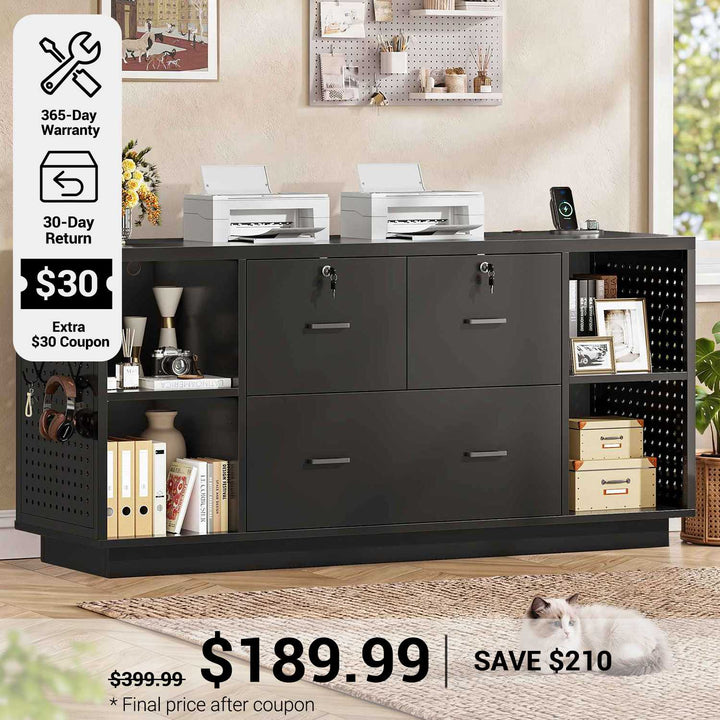 SEDETA® 55 Inch File Cabinet with Lock LED Light Filing Cabinets with 3 Drawers Lateral File Cabinet with Printer Stand Storage Power Strip Pegboard