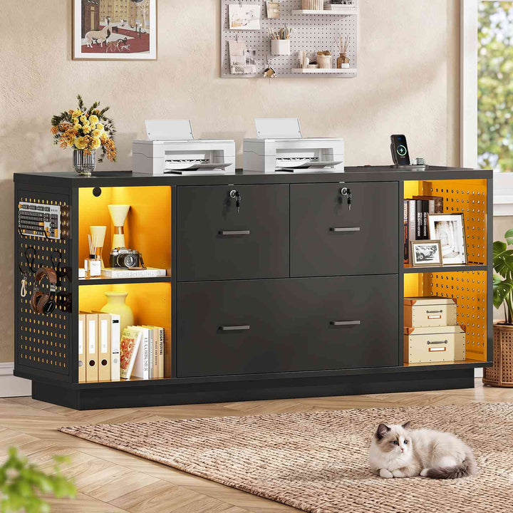 SEDETA® 55 Inch File Cabinet with Lock LED Light Filing Cabinets with 3 Drawers Lateral File Cabinet with Printer Stand Storage Power Strip Pegboard