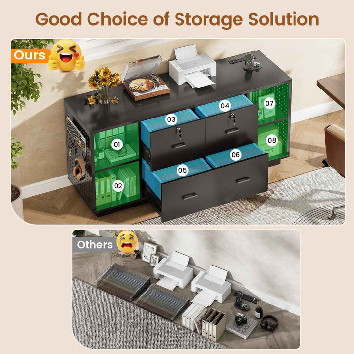SEDETA® 55 Inch File Cabinet with Lock LED Light Filing Cabinets with 3 Drawers Lateral File Cabinet with Printer Stand Storage Power Strip Pegboard