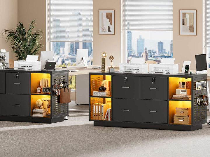SEDETA® 55 Inch File Cabinet with Lock LED Light Filing Cabinets with 3 Drawers Lateral File Cabinet with Printer Stand Storage Power Strip Pegboard