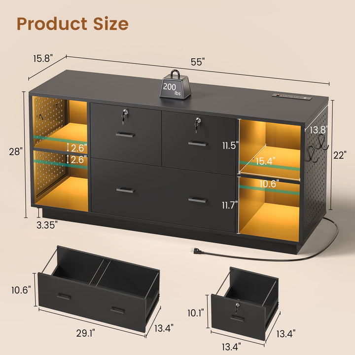SEDETA® 55 Inch File Cabinet with Lock LED Light Filing Cabinets with 3 Drawers Lateral File Cabinet with Printer Stand Storage Power Strip Pegboard