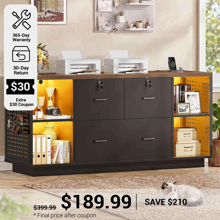 SEDETA® 55 Inch File Cabinet with Lock LED Light Filing Cabinets with 3 Drawers Lateral File Cabinet with Printer Stand Storage Power Strip Pegboard