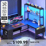 SEDETA® 51.2 Inch L Shaped Computer Desk Reversible Gaming Desk with LED Lights for Small Spaces with Drawer and Shelves