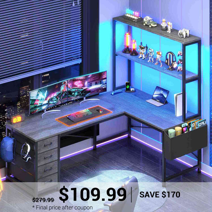 SEDETA® 51.2 Inch L Shaped Computer Desk Reversible Gaming Desk with LED Lights for Small Spaces with Drawer and Shelves
