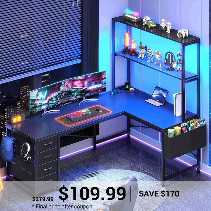 SEDETA® 51.2 Inch L Shaped Computer Desk Reversible Gaming Desk with LED Lights for Small Spaces with Drawer and Shelves