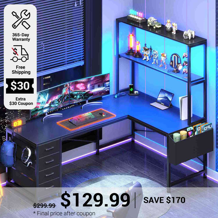 SEDETA 51.2 Inch Reversible L shaped Gaming Desk Small Corner Desk with LED Lights 4 Drawers and Storage Shelves