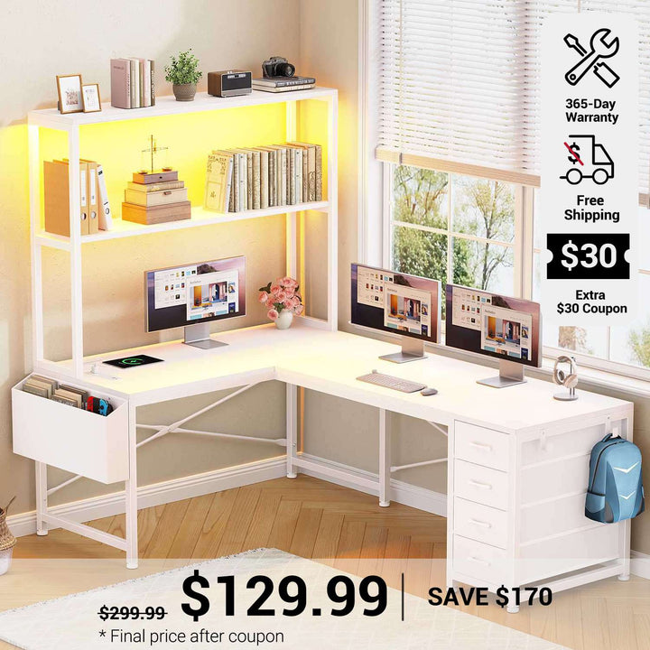 SEDETA 51.2 Inch Reversible L shaped Gaming Desk Small Corner Desk with LED Lights 4 Drawers and Storage Shelves