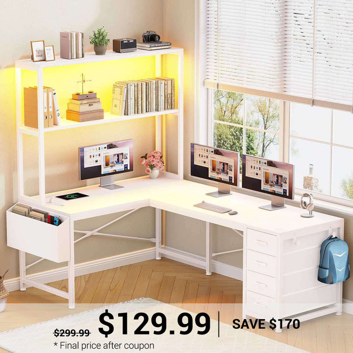 SEDETA 51.2 Inch Reversible L shaped Gaming Desk Small Corner Desk with LED Lights 4 Drawers and Storage Shelves