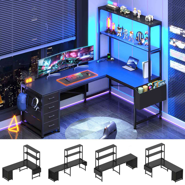 SEDETA 51.2 Inch Reversible L shaped Gaming Desk Small Corner Desk with LED Lights 4 Drawers and Storage Shelves