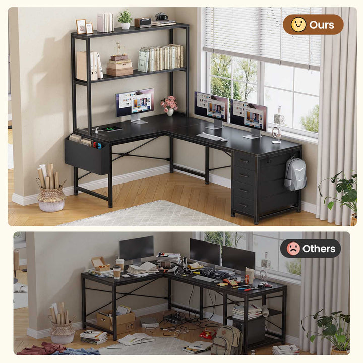 SEDETA 51.2 Inch Reversible L shaped Gaming Desk Small Corner Desk with LED Lights 4 Drawers and Storage Shelves