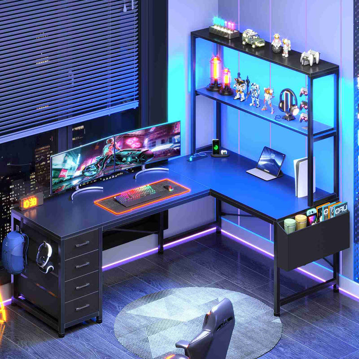 SEDETA 51.2 Inch Reversible L shaped Gaming Desk Small Corner Desk with LED Lights 4 Drawers and Storage Shelves
