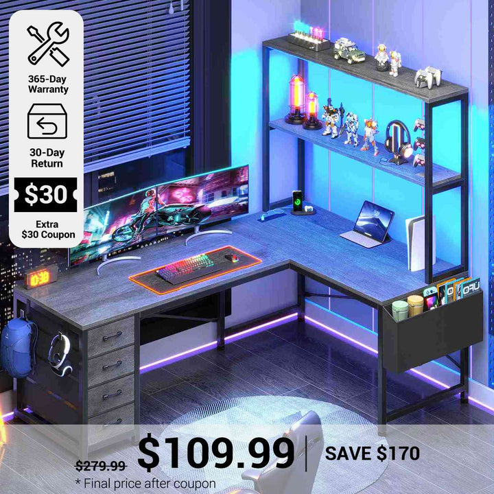 SEDETA® 51.2 Inch L Shaped Computer Desk Reversible Gaming Desk with LED Lights for Small Spaces with Drawer and Shelves