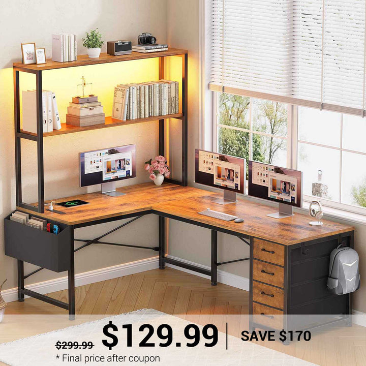 SEDETA 51.2 Inch Reversible L shaped Gaming Desk Small Corner Desk with LED Lights 4 Drawers and Storage Shelves