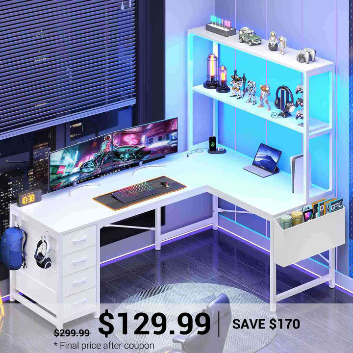 SEDETA 51.2 Inch Reversible L shaped Gaming Desk Small Corner Desk with LED Lights 4 Drawers and Storage Shelves