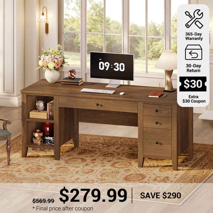 SEDETA® 58 Inch Solid Pine Wood Computer Desk with 4 Wood Drawers Executive Home Office Desk with Storage Shelves for Work Study Writing