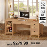 SEDETA® 58 Inch Solid Pine Wood Computer Desk with 4 Wood Drawers Executive Home Office Desk with Storage Shelves for Work Study Writing