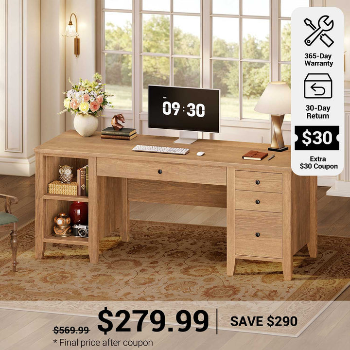 SEDETA® 58 Inch Solid Pine Wood Computer Desk with 4 Wood Drawers Executive Home Office Desk with Storage Shelves for Work Study Writing