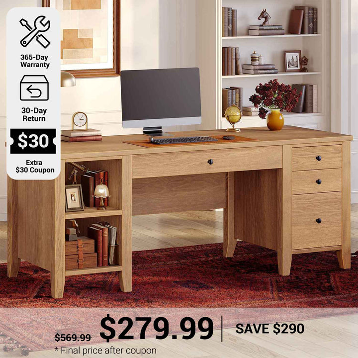 SEDETA® 58 Inch Solid Pine Wood Computer Desk with 4 Wood Drawers Executive Home Office Desk with Storage Shelves for Work Study Writing