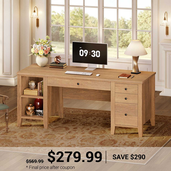 SEDETA® 58 Inch Solid Pine Wood Computer Desk with 4 Wood Drawers Executive Home Office Desk with Storage Shelves for Work Study Writing