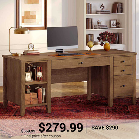 SEDETA | 58 Inch Solid Pine Wood Executive Home Office Desk with Storage Shelves Computer Desk with 4 Wood Drawers for Work Study Writing